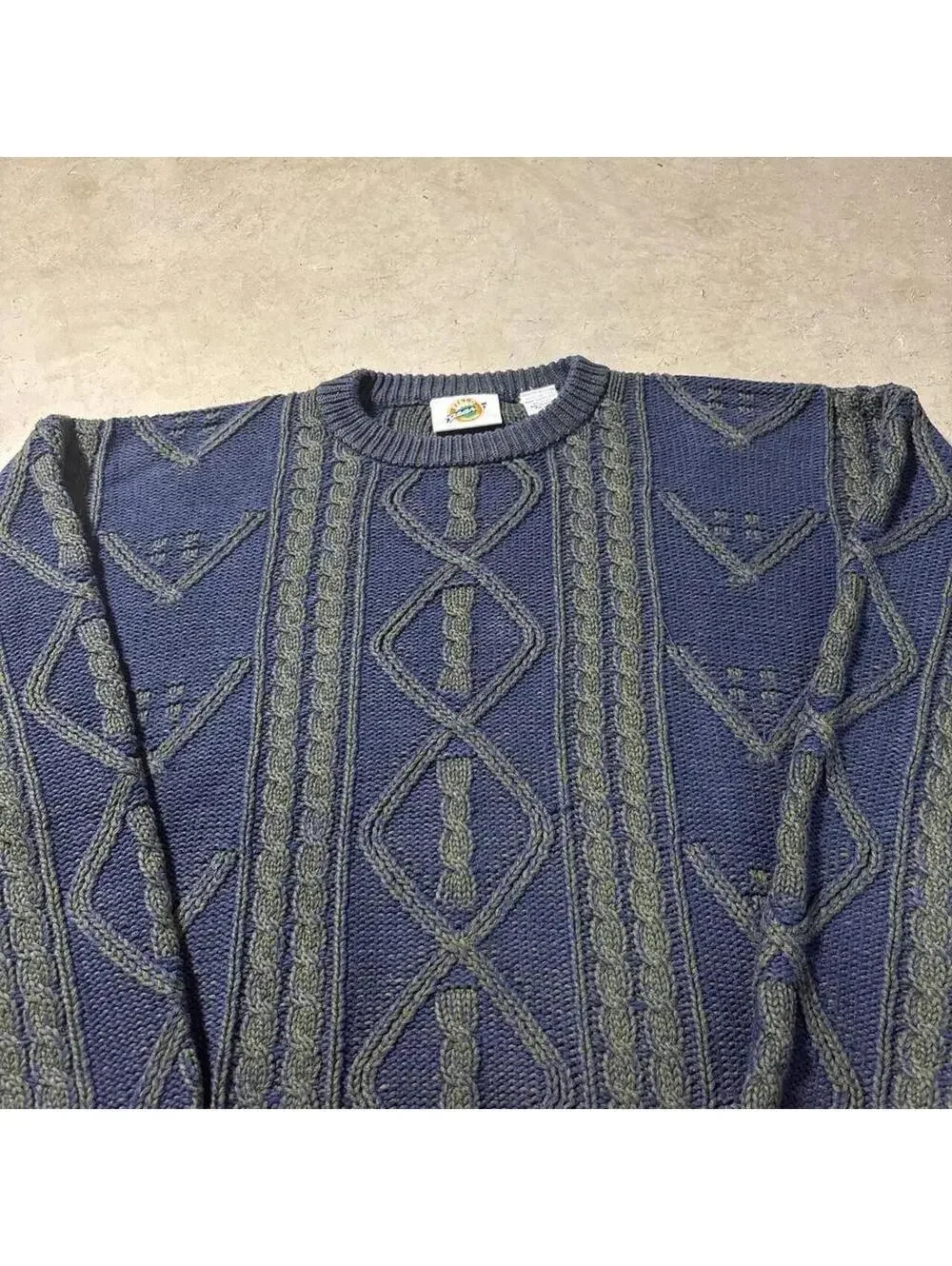 Vintage 90s Hello Wear Cable Knit Sweater Navy Green Mens LT Cotton